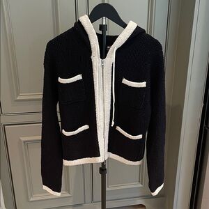 NWT Anthropologie Navy and Cream Knit Cardigan Jacket with Hoodie